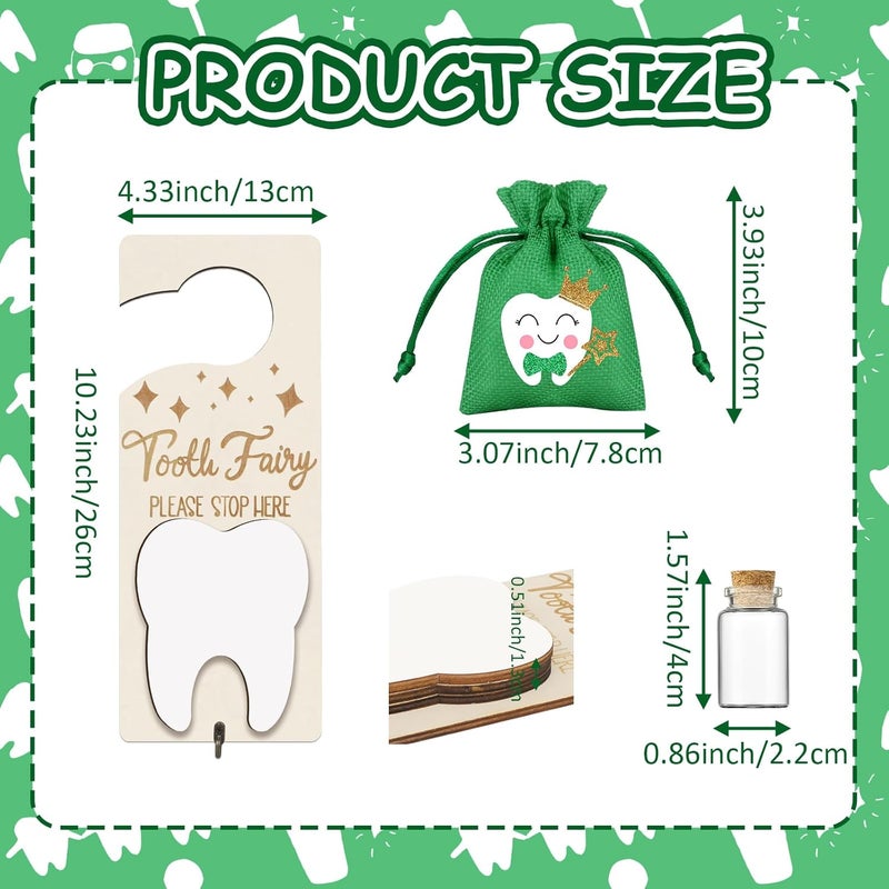 AINBIN Tooth Fairy Door Hanger, Tooth Fairy Kit Tooth Holder with Money Slot, Keepsake Bottle & Burlap Pouch for Lost Teeth, Encourage Gift for Boys Girls (Green) - Image 5